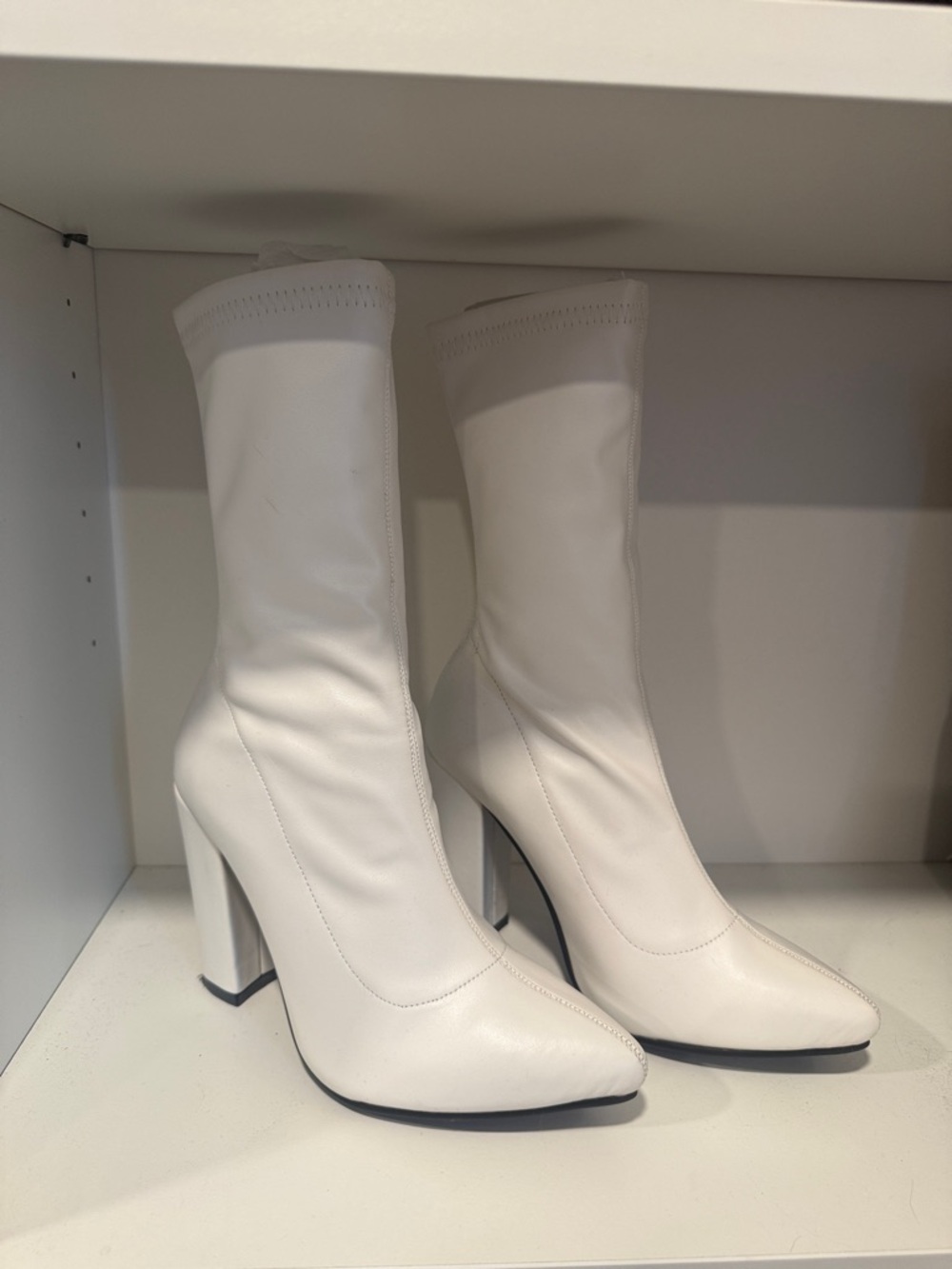 White Stretch Sock Heeled Boots with Sculpted Block Heel